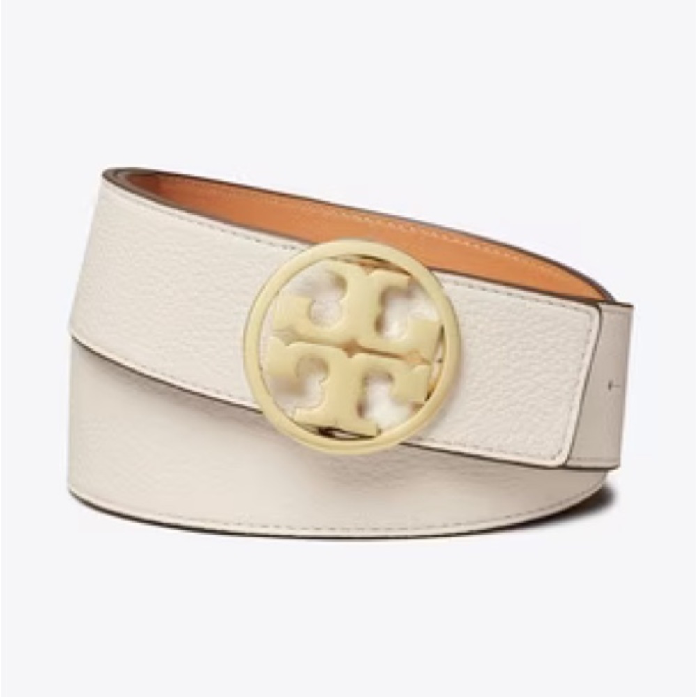 Tory Burch 1.5” Miller Reversible Logo Buckle Ivory Vachetta Leather Belt M